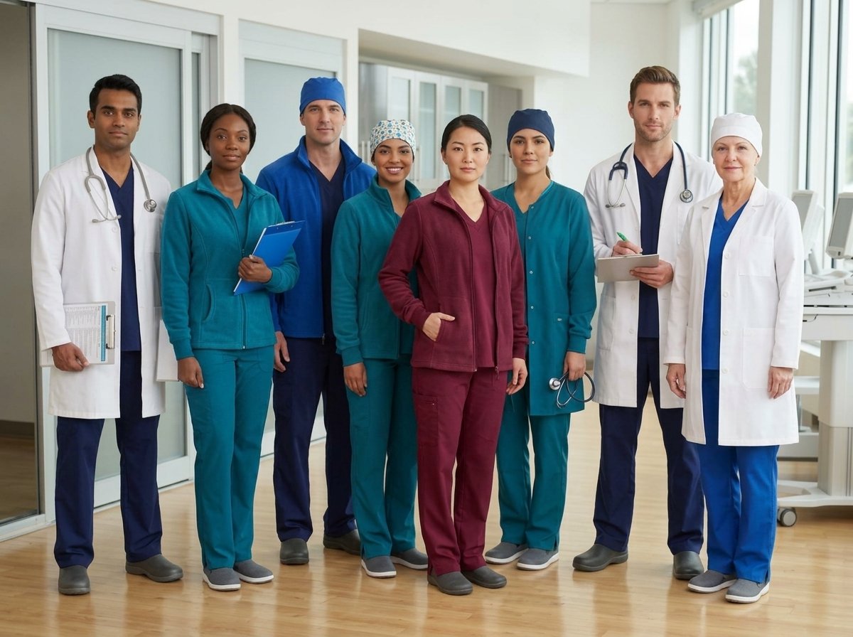 Complete medical staff wearing short medical jackets, white lab coats, and scrubs